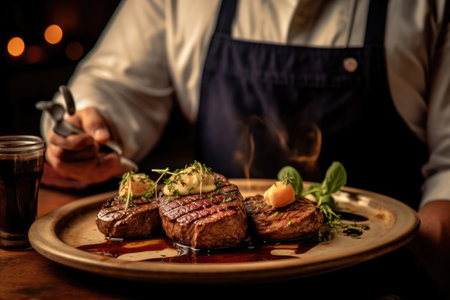 Chef serving oven-seared beef tenderloin steak with peppercorn sauce at the restaurantの素材