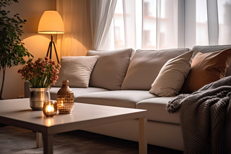 Close-up of bright living room with sofa and table in front of sofa againstの素材