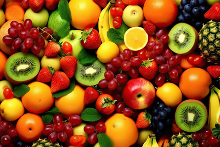 Fruit background, many fresh fruits mixed togetherの素材