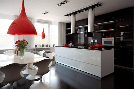 Modern black and white kitchen interior with red lampの素材