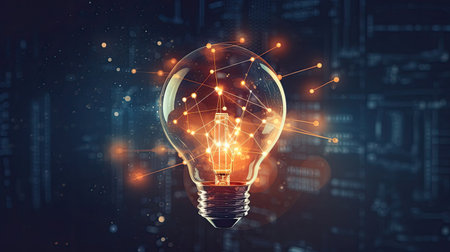 Digital marketing, Creative, New ideas and innovation for business growth, Light bulb shape and business icon with network connection, technology and digital data link on global networking, Generative AIの素材