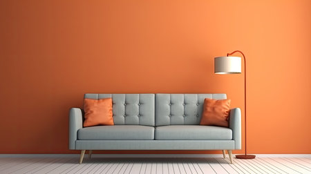Modern design interior. Scandinavian sofa furniture, by plain isolated wall, Generative AIの素材