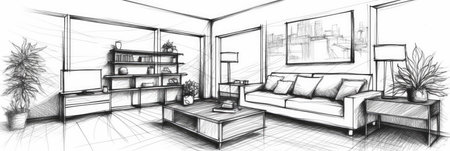 Interior design with modern living room in black line sketch on white background, Generative AIの素材