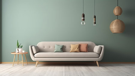 Modern design interior. Scandinavian sofa furniture, by plain isolated wall, Generative AIの素材