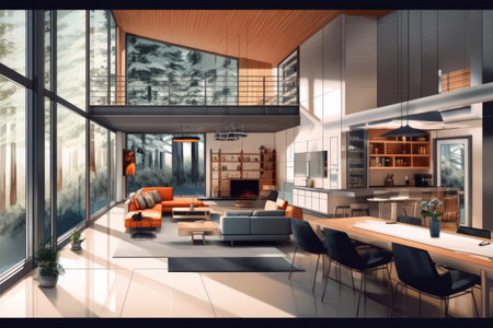 Modern house interior background with living room, dining room and kitchen combination, Generative AIの素材