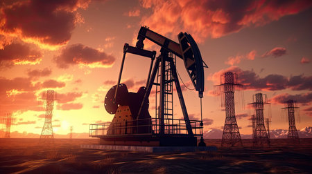 Oil field site, in the evening, oil pumps are running, Generative AIの素材