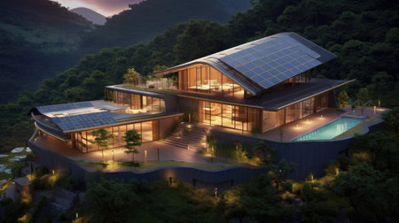 Solar Rooftop modern House amidst the valleyの素材