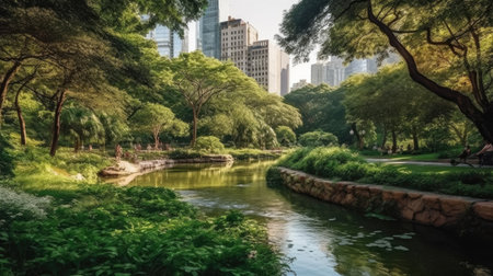 Scenic view of the park in the center of the big city in the summer. With a lagoon in the middle and green trees. In the atmosphere of evening light, Generative AIの素材