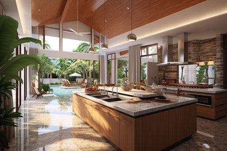 Real estate Luxury interior design pool villa in kitchen area which feature island counter and built in furnitureの素材