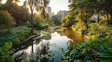 Scenic view of the park in the center of the big city in the summer. With a lagoon in the middle and green trees. In the atmosphere of evening light, Generative AIの素材