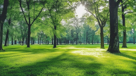 Trees in the park with green grass and sunlight, fresh green nature background, Generative AIの素材