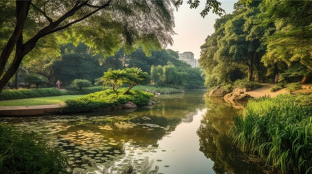 Scenic view of the park in the center of the big city in the summer. With a lagoon in the middle and green trees. In the atmosphere of evening light, Generative AIの素材