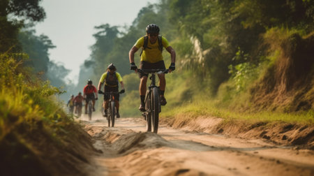 Group of Asian cyclists, they cycle through rural and forest roads.の素材