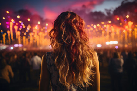 Party girl dancing on Festival,People on music festival in the summer, back view, big group at party, summer nightlife, disco club outside, fun youth, entertainment festive concept, Female back viewの素材