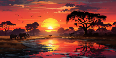 Illustration, African sunset panoramic background with silhouette of the animalsの素材