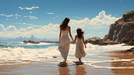 Mother with her daughter on the beachの素材
