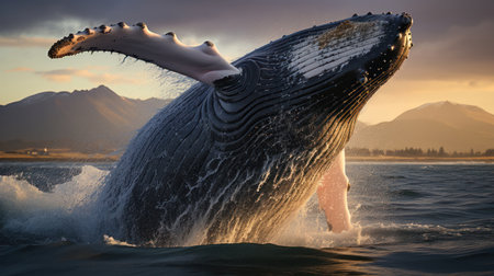 Humpback Whale (Megaptera novaeangliae) breaching near Husavik City in Iceland.の素材