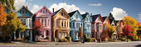 Colorful stucco traditional private townhouses. Residential architecture exterior.の素材