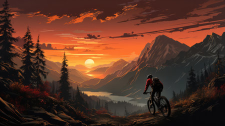 A silhouette of a cyclist practicing a bicycle on a mountainの素材