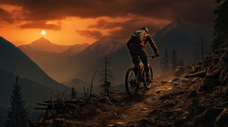 Silhouettes of touring cyclists practicing in the mountains offer beautiful views in the evening. Adventure tourists by bicycleの素材