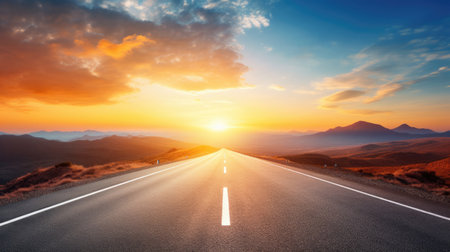 Empty long mountain road to the horizon on a sunny summer day at bright sunsetの素材