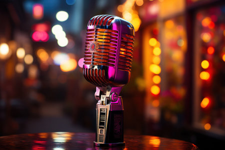 Studio microphone in neon lights. sound recording equipment on bokeh background.の素材