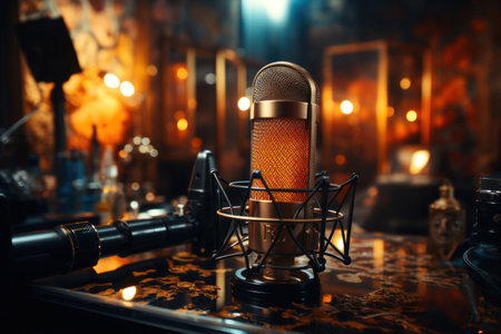 Sound and voice recording studio with nobody for podcast. Vintage style microphone and tools for record in room with noise reduction and resonance absorb foam wall in background for good acousticの素材