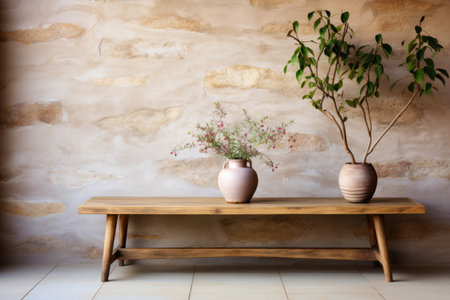 Wooden rustic chest of drawers near wall with blank poster frame with copy space. Interior design of modern living room.の素材