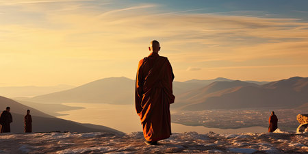Buddhist monk standing in a beautiful valleyの素材