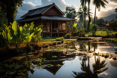 Nestled amidst the serene and picturesque landscapes of rural Thailand, a small hut stands proudly, constructed with locally sourced materials and reflecting the simplicity and tranquility of its surroundings.の素材