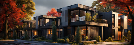 Modern modular private black townhouses. Residential architecture exterior.の素材