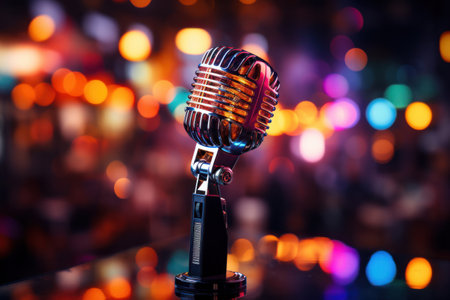 Studio microphone in neon lights. sound recording equipment on bokeh background.の素材