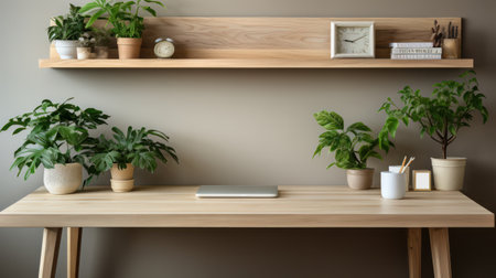Beautiful minimalist workspace interior, computer on wooden table, office workplace, modern scandinavian style designの素材