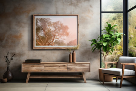 Wooden rustic chest of drawers near wall with blank poster frame with copy space. Interior design of modern living room.の素材