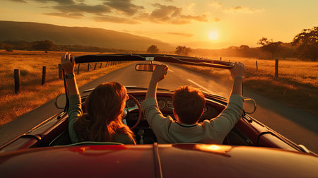 Happy Couple Driving on Country Road into the Sunset in Classic Vintage Sports Carの素材