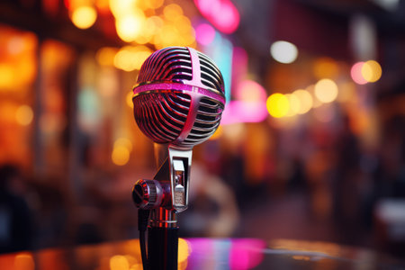 Studio microphone in neon lights. sound recording equipment on bokeh background.の素材