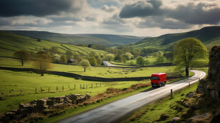Red Truck on Serpentine Road Among Green Landscape of Peak District National Park in UKの素材
