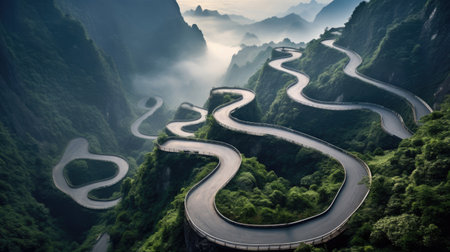 The winding road of Tianmen mountain national park, Hunan province, Chinaの素材