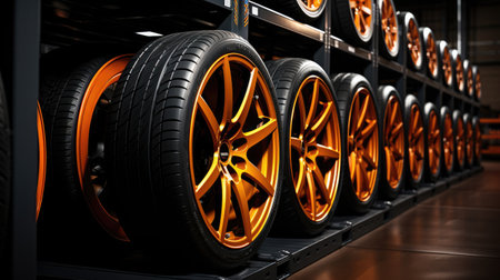 High rack with customer tires in warehouse of a tire dealerの素材