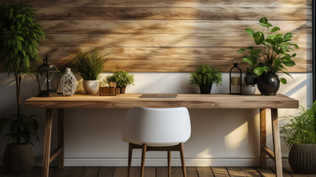 Beautiful minimalist workspace interior, computer on wooden table, office workplace, modern scandinavian style designの素材