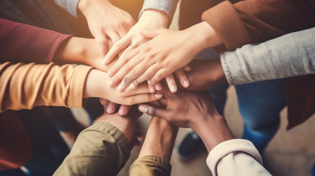 Close up top view of young people putting their hands together. Friends with stack of hands showing unity and teamwork.の素材