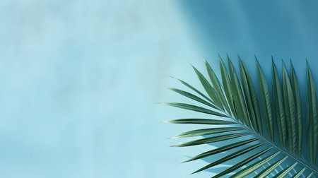 Empty palm shadow blue color texture pattern cement wall background. Used for presentation business nature organic cosmetic products for sale shop online. Summer tropical beach with minimal conceptの素材