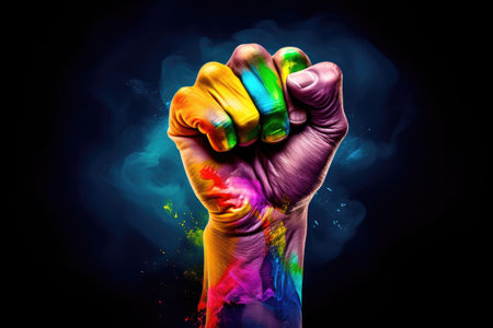 Hand with a clenched fist painted with the colors of the gay or lgtbi flag as a symbol of prideの素材