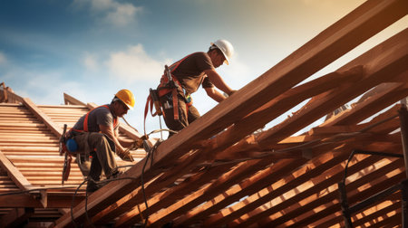 Construction workers working on the roof.の素材