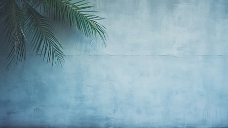 Empty palm shadow blue color texture pattern cement wall background. Used for presentation business nature organic cosmetic products for sale shop online. Summer tropical beach with minimal conceptの素材