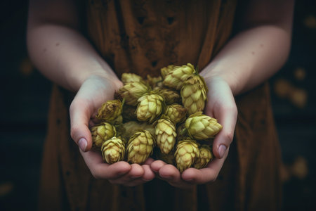 Hands of a girl holding a handful of green hop cones.の素材