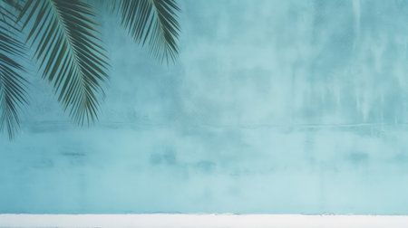 Empty palm shadow blue color texture pattern cement wall background. Used for presentation business nature organic cosmetic products for sale shop online. Summer tropical beach with minimal conceptの素材