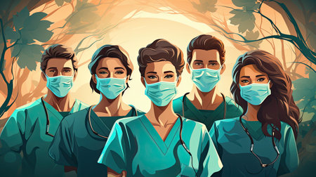 Illustration of doctors and nurses characters wearing masks.の素材