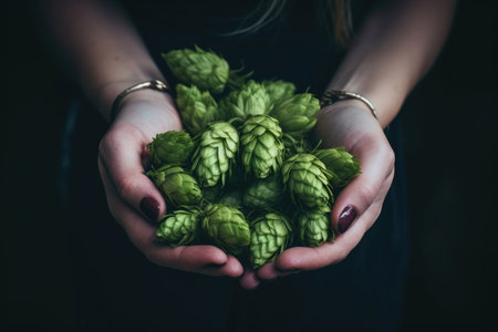 Hands of a girl holding a handful of green hop cones.の素材