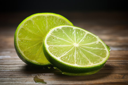 Juicy Lime Slice on Wooden Table - A Refreshing Tropical Ingredient.の素材
